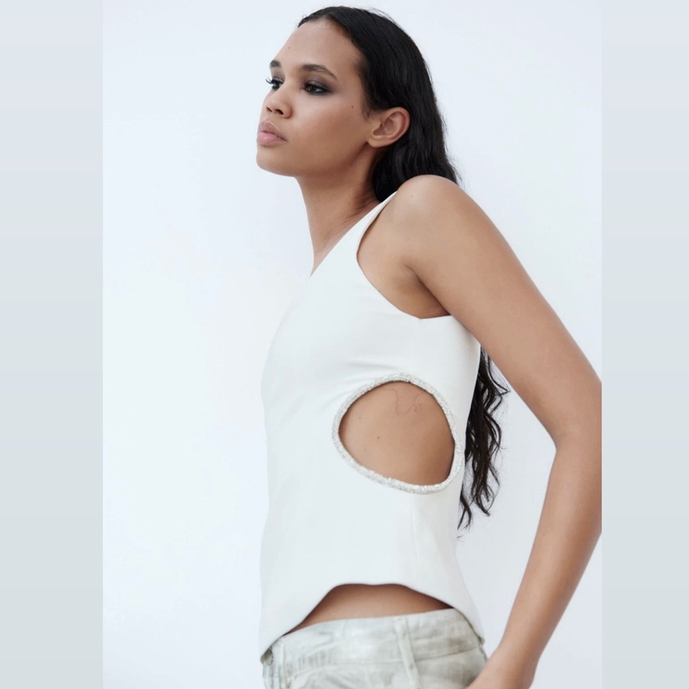 Zara White One Shoulder Rhinestone Cutout Top Size Medium